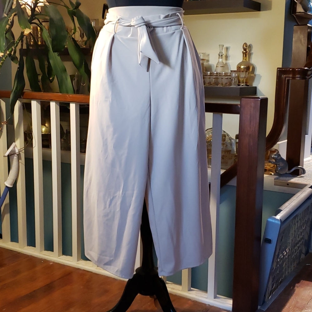 Frumos Womens Beige Wide Leg Pants With Tie Accent Waist